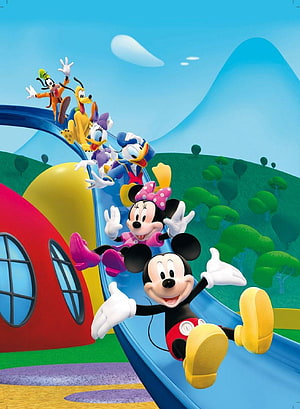 Mickey Mouse Clubhouse Characters Sliding Down a Playful Blue Slide in a Colorful Cartoon Landscape HD phone wallpaper