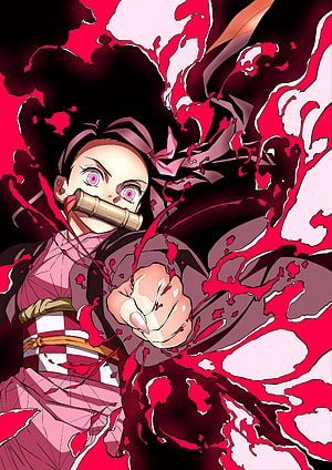 Nezuko Kamado Demon Slayer Anime Character with Bamboo Cuff and Red Energy HD phone wallpaper