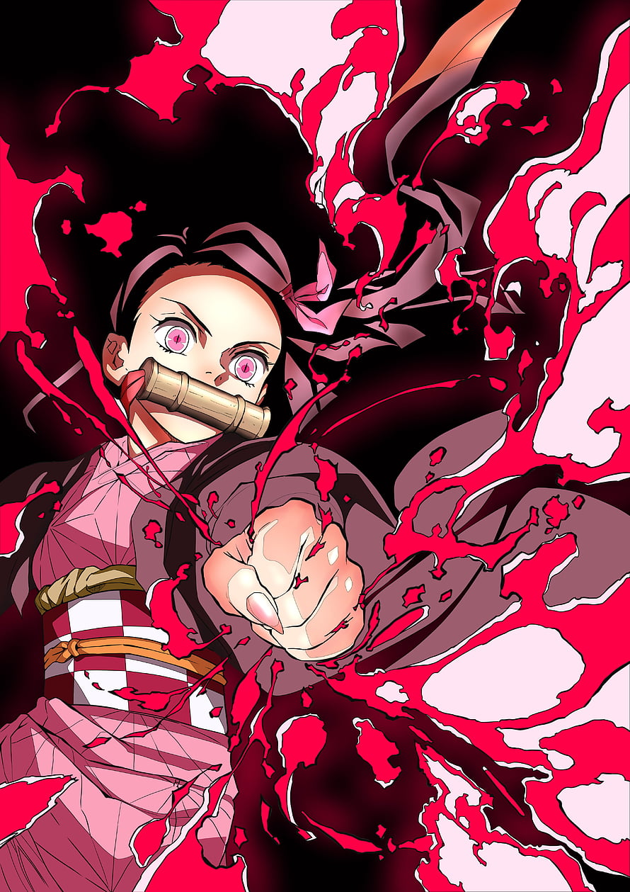 Nezuko Kamado Demon Slayer Anime Character with Bamboo Cuff and Red Energy HD phone wallpaper