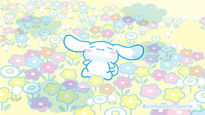Cinnamoroll Sitting in a Pastel Flower Field with Soft Blue and Yellow Colors HD wallpaper