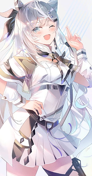 Anime Girl With Silver Hair Winking And Making A Peace Sign In White Outfit HD phone wallpaper