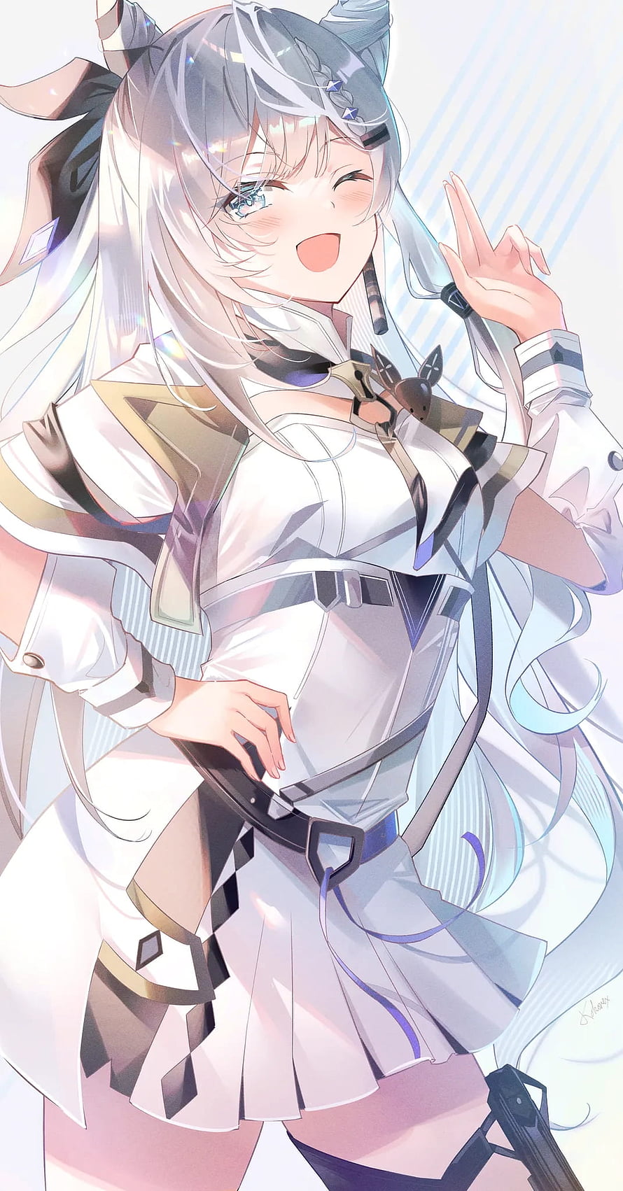 Anime Girl With Silver Hair Winking And Making A Peace Sign In White Outfit HD phone wallpaper