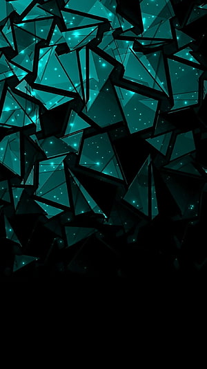 Glowing Teal Geometric Shards on Black Background HD phone wallpaper