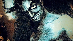 Fierce Blue Demon Character Illustration With Sharp Fangs And Intense Gaze HD wallpaper