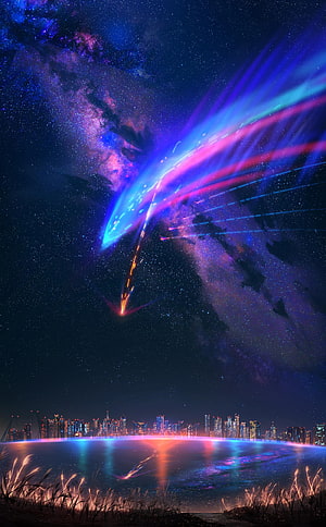 Futuristic City Skyline Under Cosmic Aurora and Shooting Star HD phone wallpaper