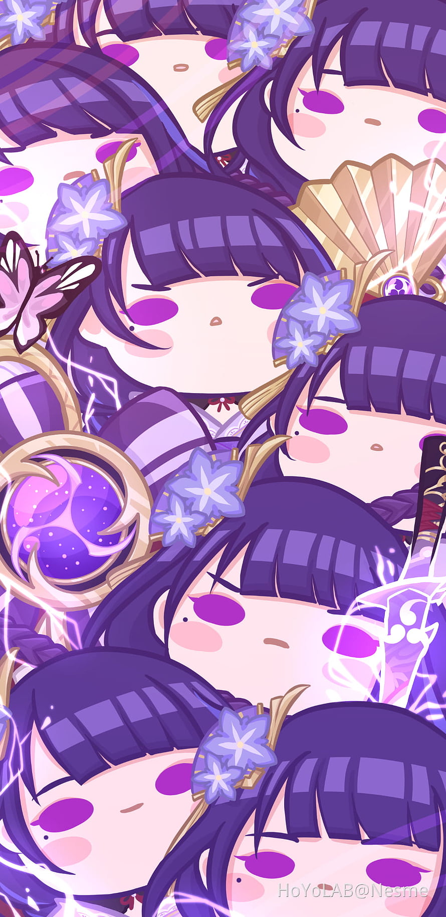 Raiden Shogun Chibi Pattern Wallpaper in Purple and Gold HD phone wallpaper