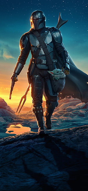 The Mandalorian and Grogu Walking at Sunset on Rocky Terrain, The Mandalorian, Grogu, The Mandalorian, ahsoka tano mandalorian star wars HD phone wallpaper
