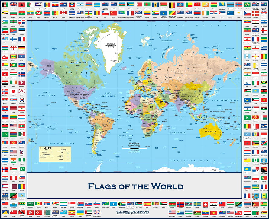 Political World Map with National Flags and Country Borders HD wallpaper
