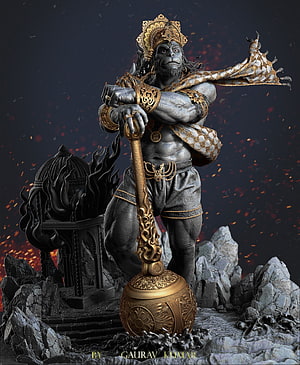 Sun Wukong Monkey King statue holding golden staff with ornate armor and rocky base HD phone wallpaper