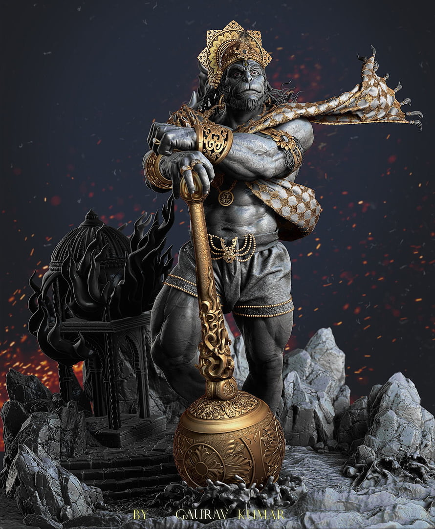 Sun Wukong Monkey King statue holding golden staff with ornate armor and rocky base HD phone wallpaper