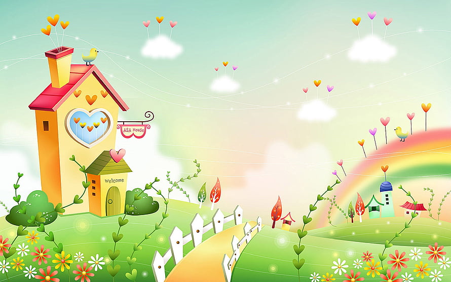 Whimsical Cartoon Cottage with Rainbow, Flowers, and Heart Balloons in a Pastoral Landscape HD wallpaper
