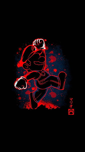 Stylized Red and Black Mario Running Silhouette with Splatter Art Effect HD phone wallpaper
