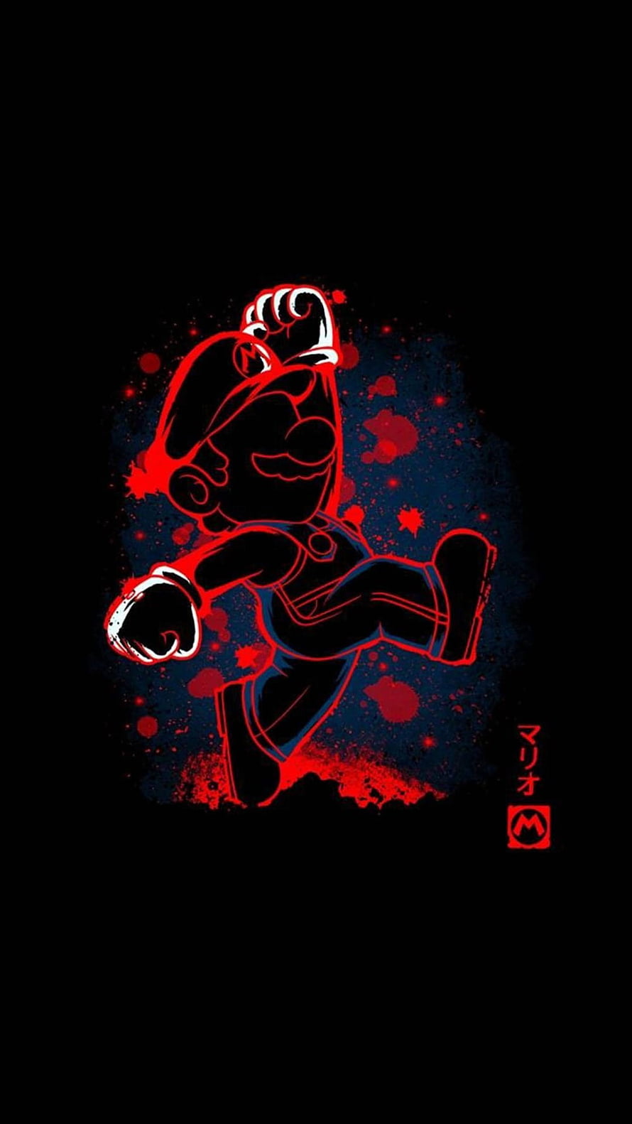 Stylized Red and Black Mario Running Silhouette with Splatter Art Effect HD phone wallpaper