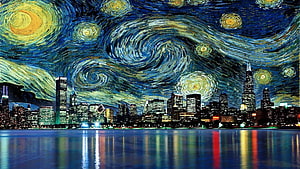 Vincent Van Gogh Starry Night Over Chicago Skyline With Water Reflections HD wallpaper