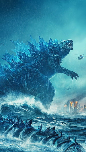 Godzilla Rising From Stormy Ocean Toward Burning City With Military Helicopters HD phone wallpaper