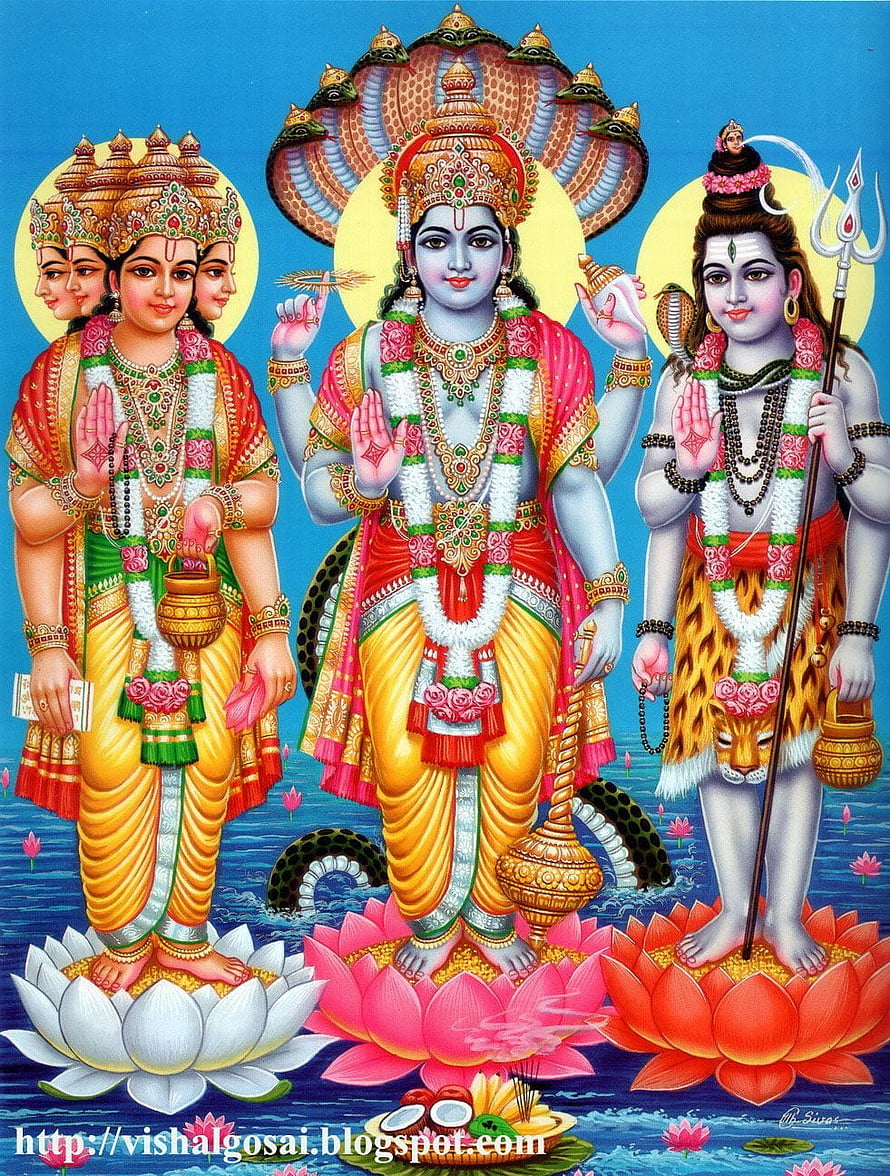 Trinity of Hindu Gods Vishnu Shiva and Brahma Standing on Lotus Flowers HD phone wallpaper
