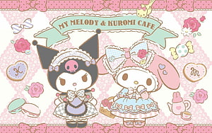 My Melody and Kuromi in a Kawaii Cafe Setting with Pastel Decor HD wallpaper
