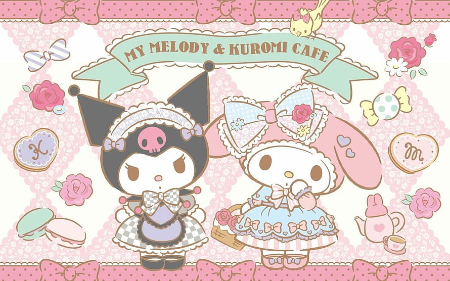 My Melody and Kuromi in a Kawaii Cafe Setting with Pastel Decor HD wallpaper