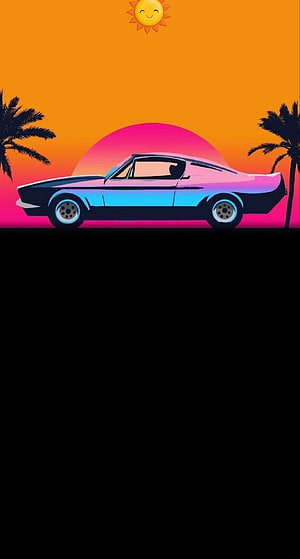 Retro Muscle Car at Sunset with Palm Trees and Smiling Sun in Vibrant Neon Style HD phone wallpaper
