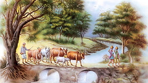 Traditional Indian Village Scene With Cattle Crossing Stone Bridge HD wallpaper
