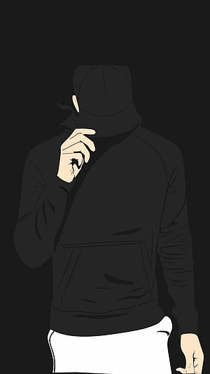 Anonymous figure in black hoodie and cap with face hidden, minimalist dark streetwear illustration HD phone wallpaper