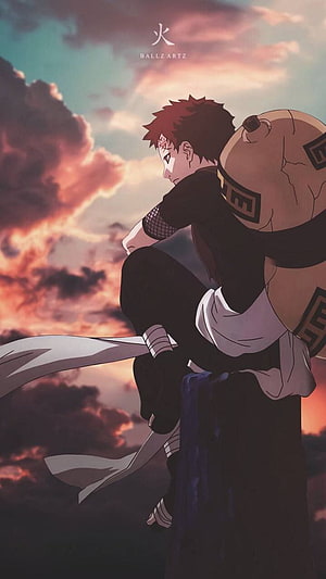 Gaara from Naruto anime standing against a dramatic sunset sky with cracked gourd on his back HD phone wallpaper