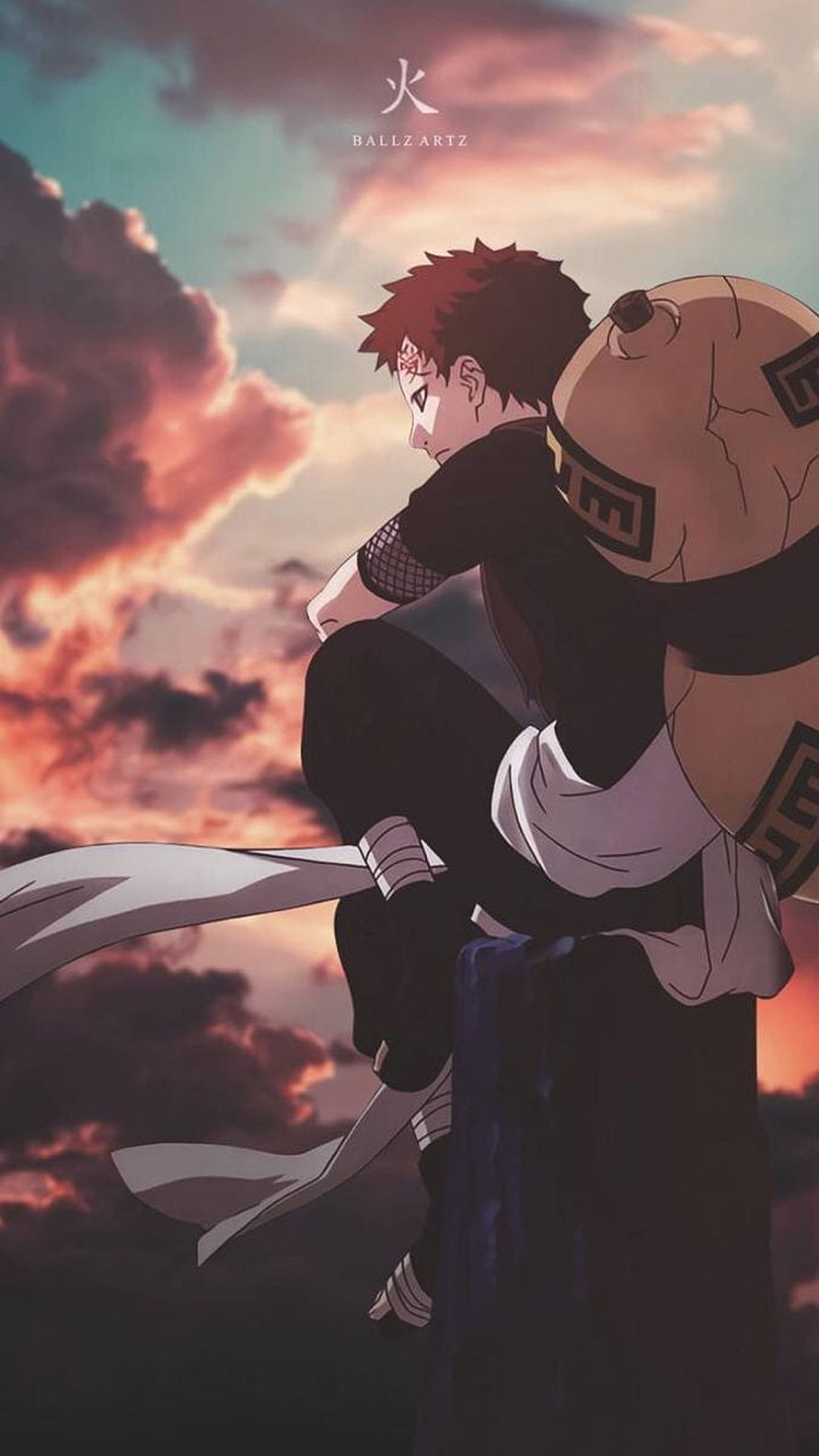 Gaara from Naruto anime standing against a dramatic sunset sky with cracked gourd on his back HD phone wallpaper