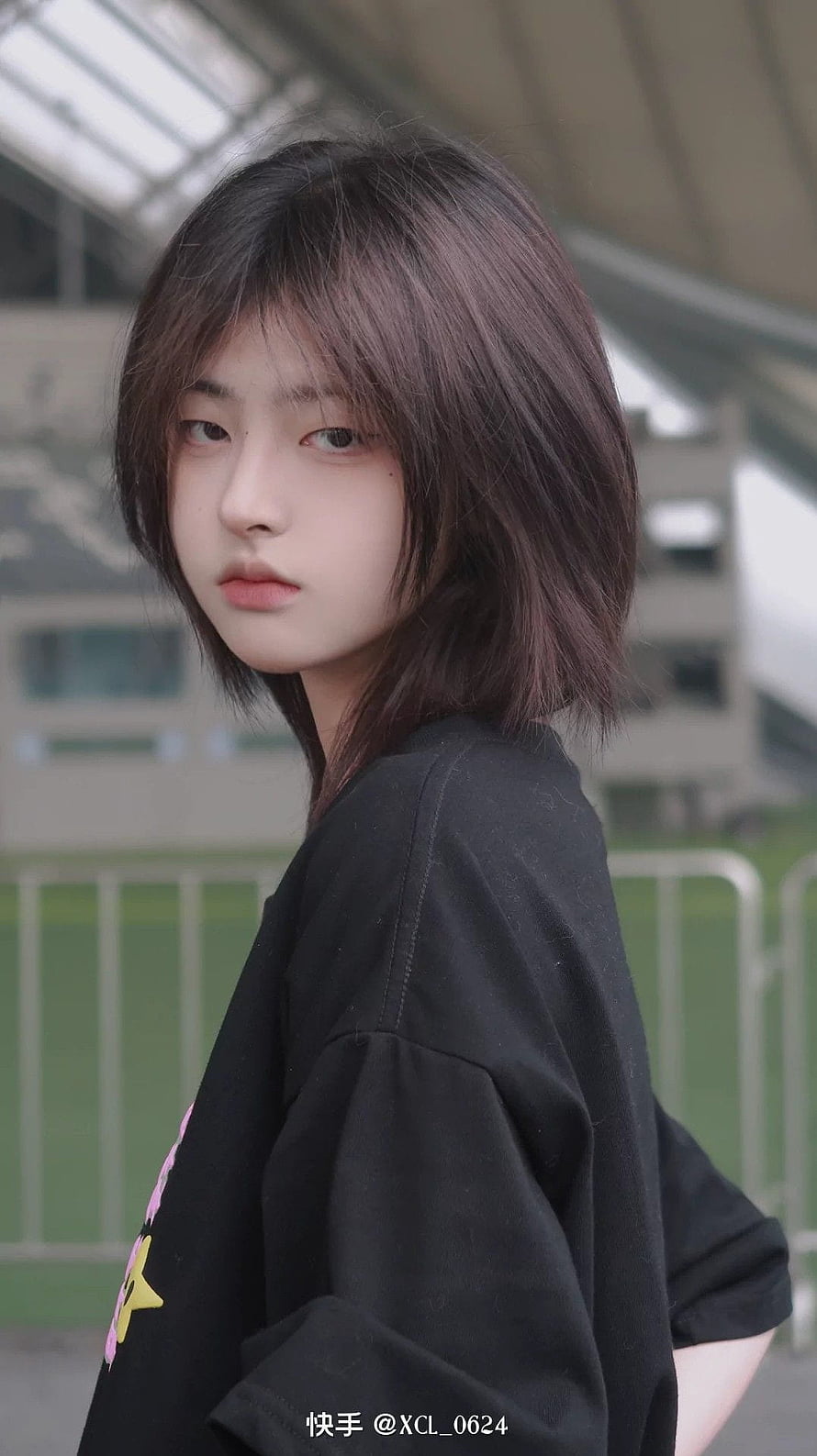 Justina Xie Aesthetic Portrait With Short Bob Hair And Black Oversized T-Shirt HD phone wallpaper
