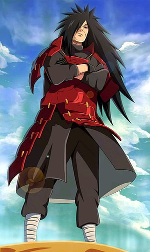 Madara Uchiha Anime Character Standing With Arms Crossed Against Blue Sky HD phone wallpaper