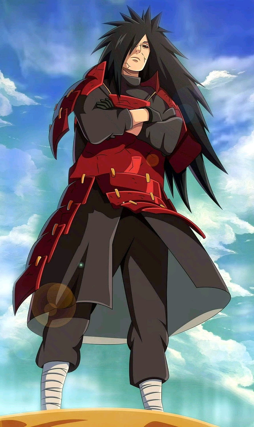 Madara Uchiha Anime Character Standing With Arms Crossed Against Blue Sky HD phone wallpaper