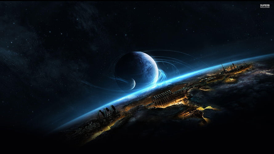 Futuristic Space Station on a Ringed Planet with Glowing Atmospheric Horizon HD wallpaper