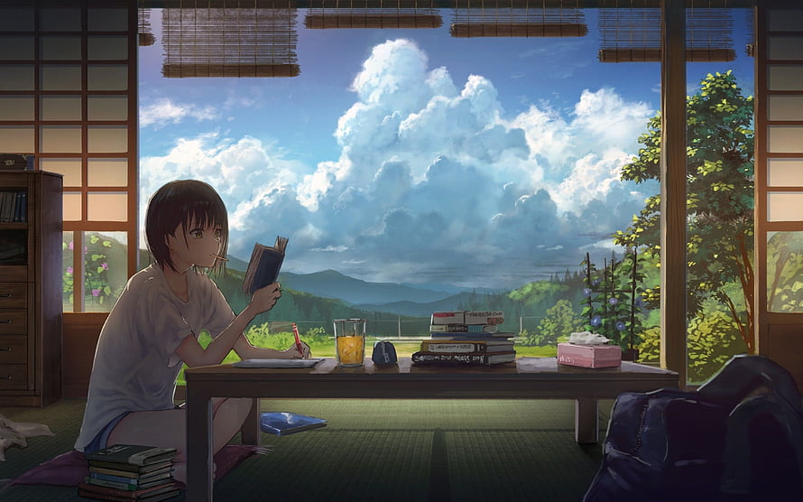 Anime Girl Reading in a Traditional Japanese Room with a Scenic Mountain View HD wallpaper