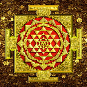 Golden Sri Yantra Sacred Geometry Mandala on Red Velvet Background with Gold Coins, Sri Lakshmi Yantra Painting by Lila Shravani, laxmi yantra HD phone wallpaper