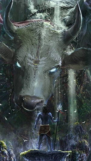 Shiva and Nandi Bull in Mystical Forest with Trishul and Glowing Eyes HD phone wallpaper