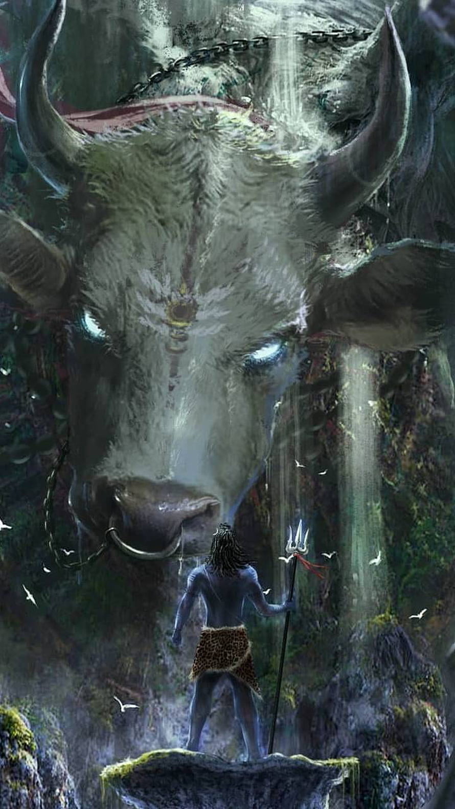 Shiva and Nandi Bull in Mystical Forest with Trishul and Glowing Eyes HD phone wallpaper