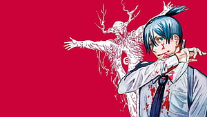 Chainsaw Man Anime Illustration with Blue-Haired Character and White Demon Figure on Red Background, Chainsaw Man : Top Chainsaw Man Backgrounds, &, chainsaw man pc HD wallpaper