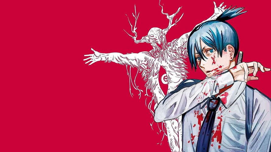 Chainsaw Man Anime Illustration with Blue-Haired Character and White Demon Figure on Red Background, Chainsaw Man : Top Chainsaw Man Backgrounds, &, chainsaw man pc HD wallpaper