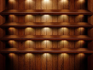 Warmly Lit Empty Wooden Shelves Against a Vertical Plank Wall HD wallpaper