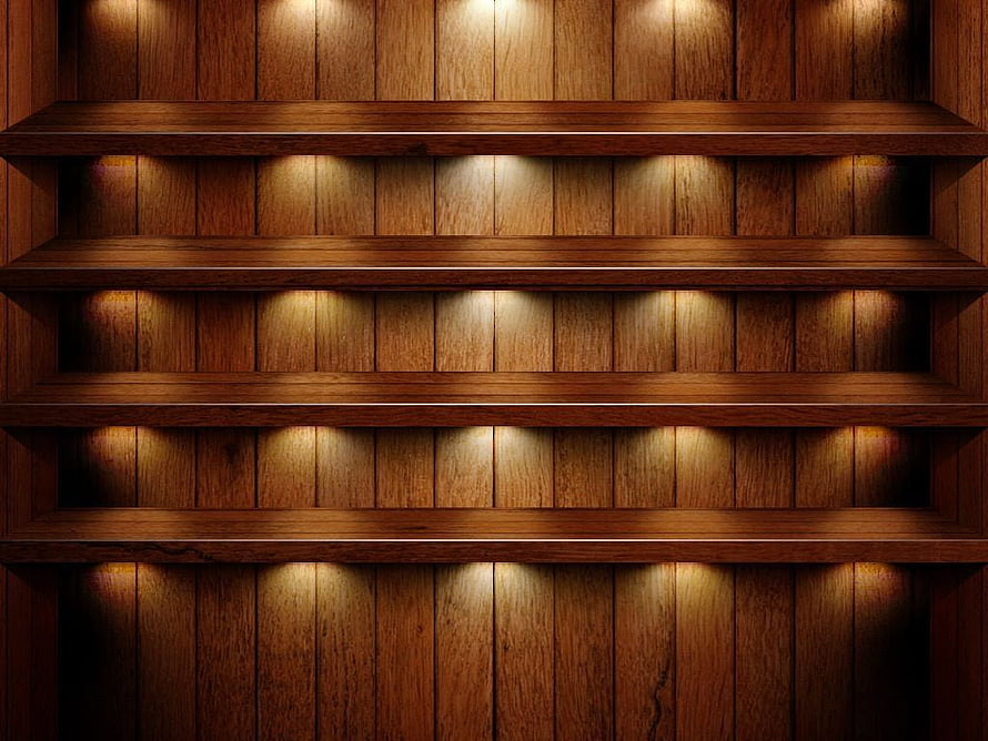 Warmly Lit Empty Wooden Shelves Against a Vertical Plank Wall HD wallpaper