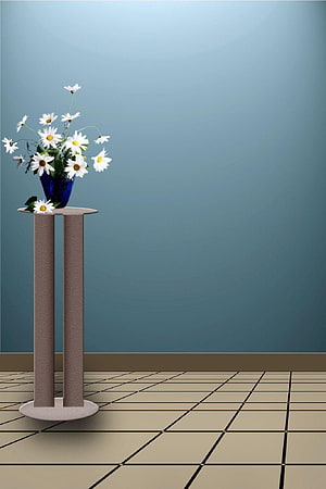 Minimalist Interior with White Daisies in Blue Vase on Pedestal HD phone wallpaper