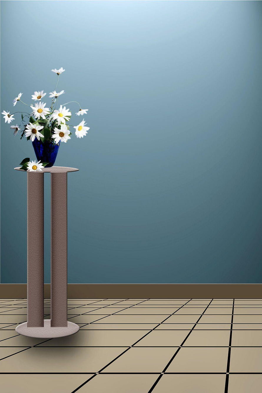 Minimalist Interior with White Daisies in Blue Vase on Pedestal HD phone wallpaper
