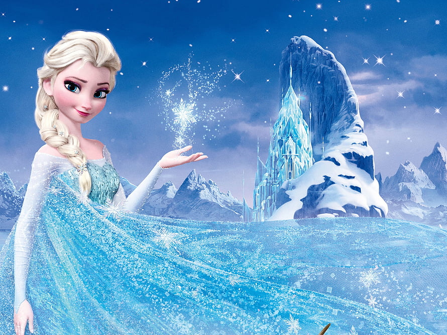 Elsa from Frozen conjuring snowflakes before her ice palace in a starlit winter landscape HD wallpaper