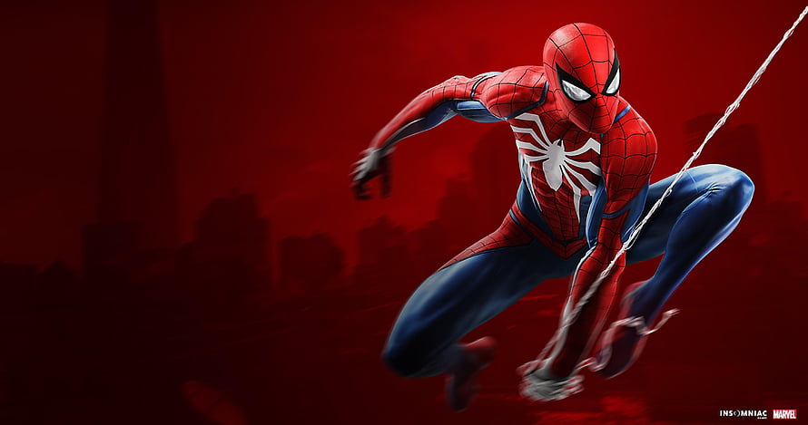 Spider-Man in Dynamic Web-Swinging Pose Against Red City Skyline, Spiderman Ps4, spider man pc HD wallpaper