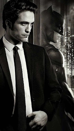 Robert Pattinson as Bruce Wayne and Batman in a moody black and white portrait, Batman Robert Pattinson Top Awesome Backgrounds, the batman robert pattinson HD phone wallpaper