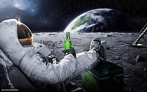 Astronaut Relaxing on the Moon with a Beer and Earth in Background HD wallpaper
