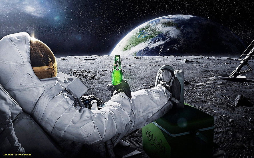 Astronaut Relaxing on the Moon with a Beer and Earth in Background HD wallpaper