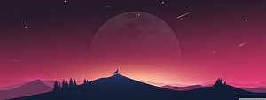 Lone Wolf Silhouette on Mountain Peak Under Giant Moon in Pink Night Sky HD wallpaper