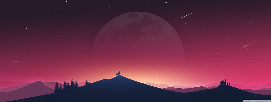 Lone Wolf Silhouette on Mountain Peak Under Giant Moon in Pink Night Sky HD wallpaper