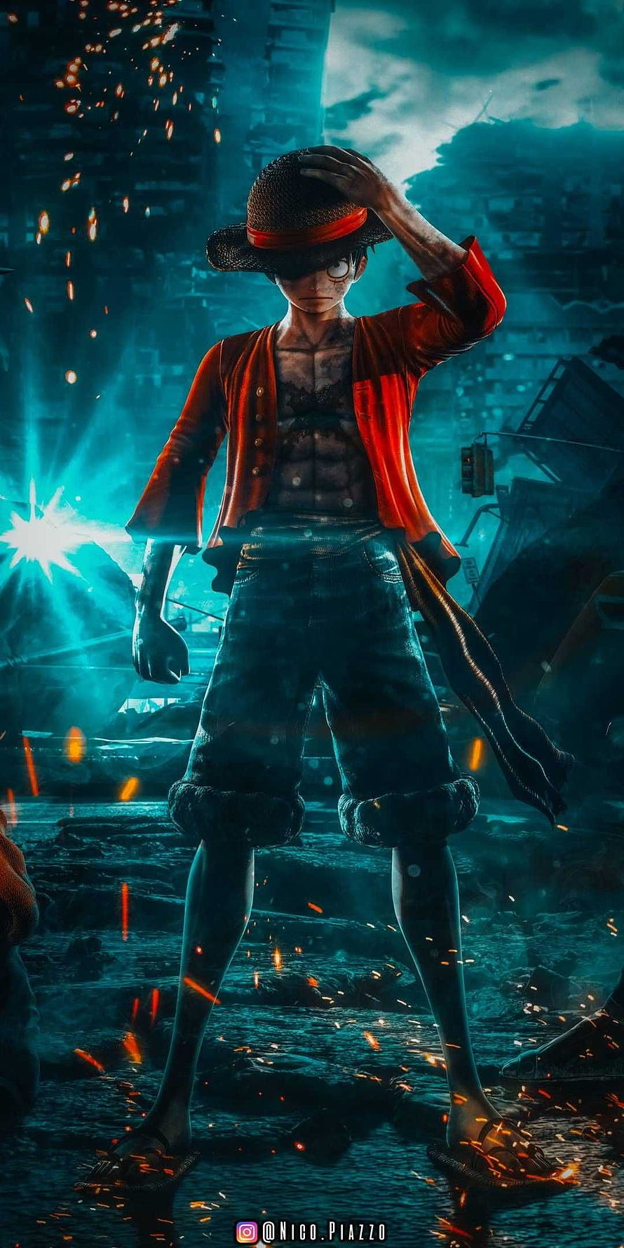 Luffy from One Piece in a gritty post-apocalyptic wasteland with embers and teal cinematic lighting HD phone wallpaper