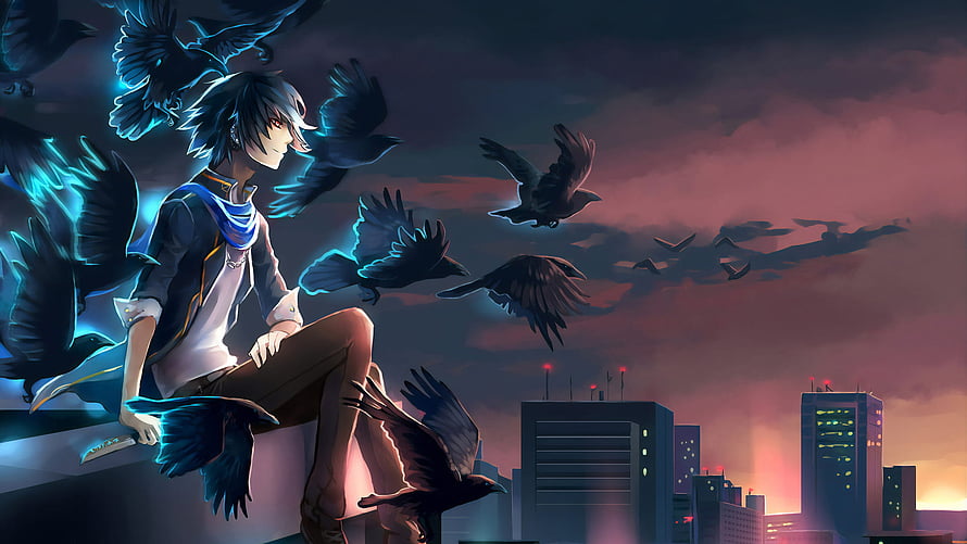 Anime boy with glowing blue eyes and crows sitting on a rooftop at sunset HD wallpaper